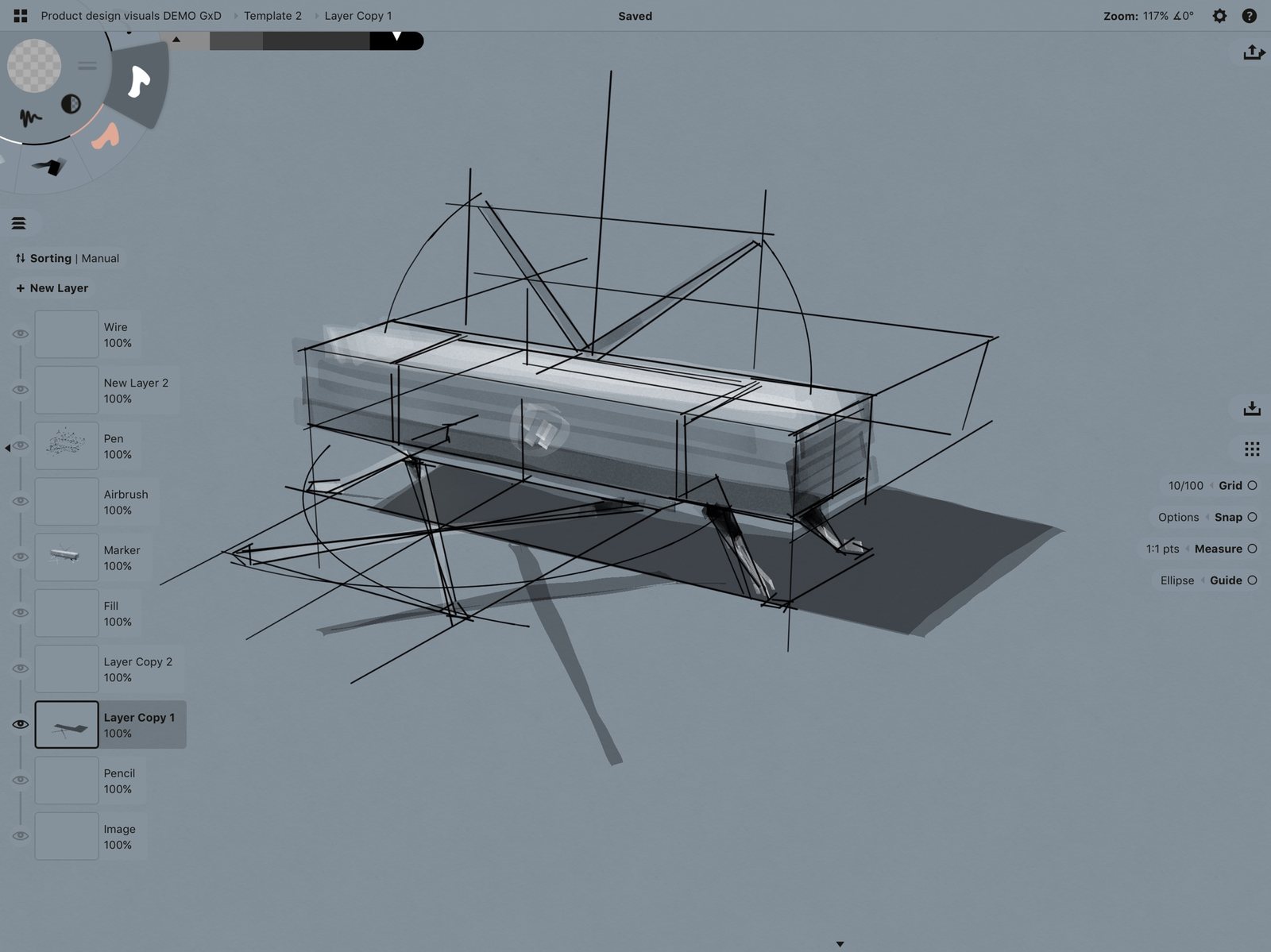 Concepts digital sketch — product CAD wireframe