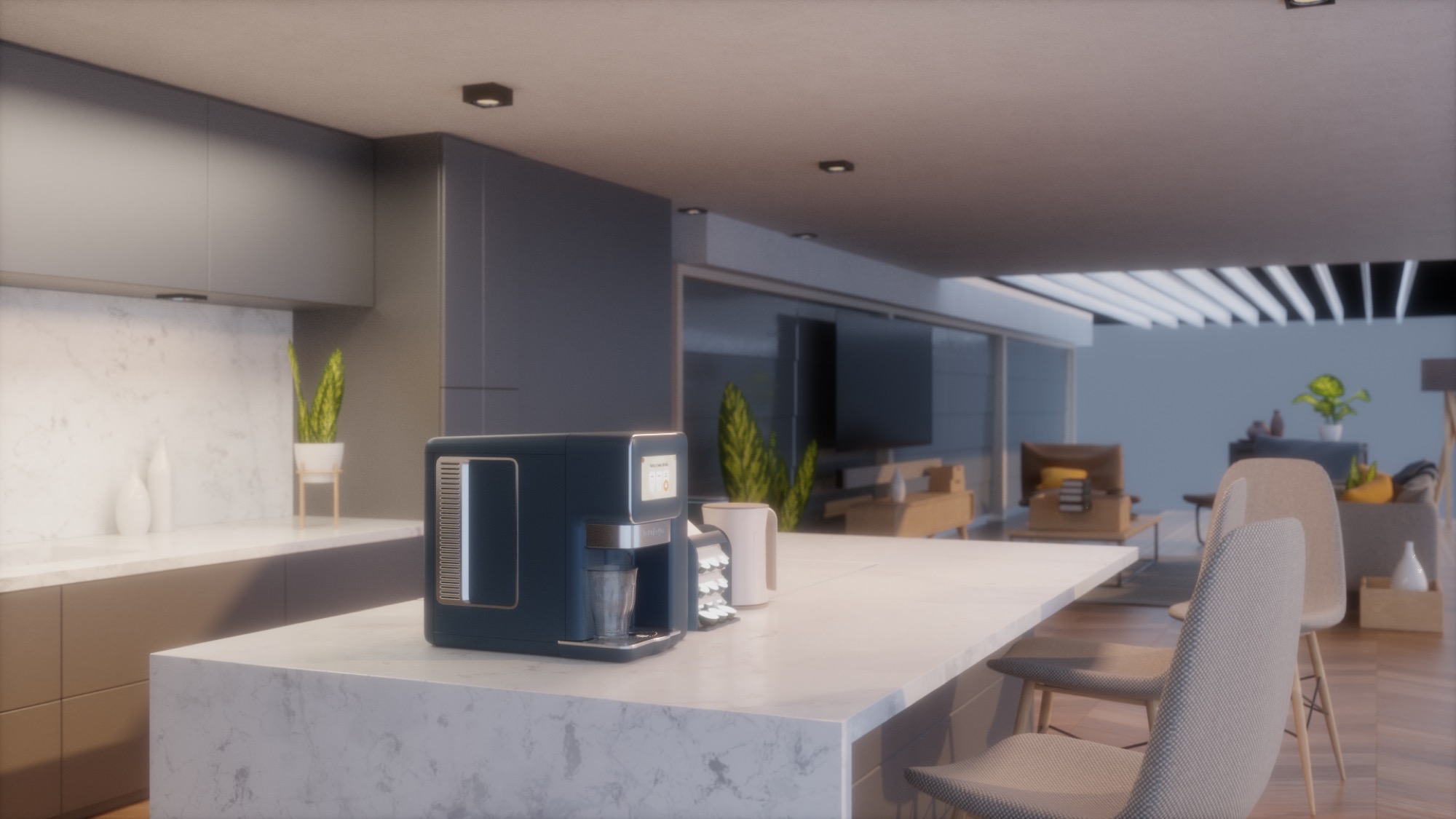 The beverage machine and accessory, rendered in a Blender studio