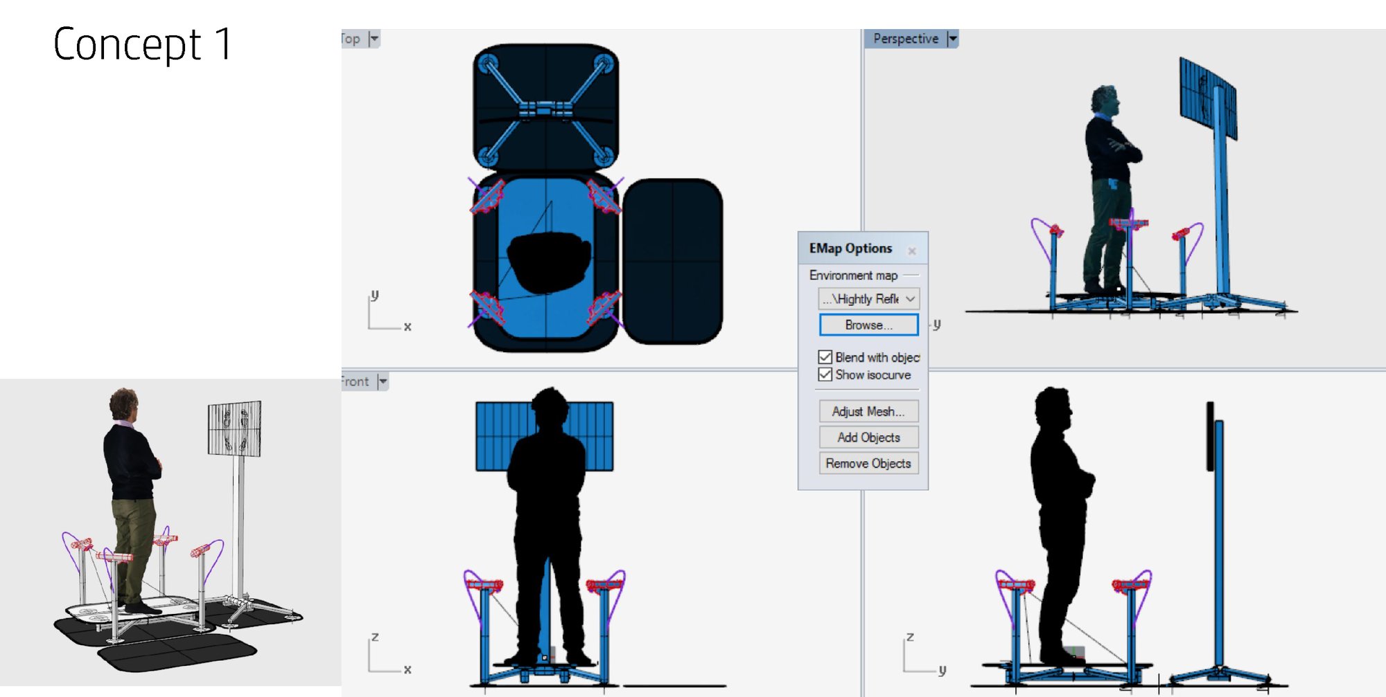 Concept 1 in CAD — four working views of the scan station