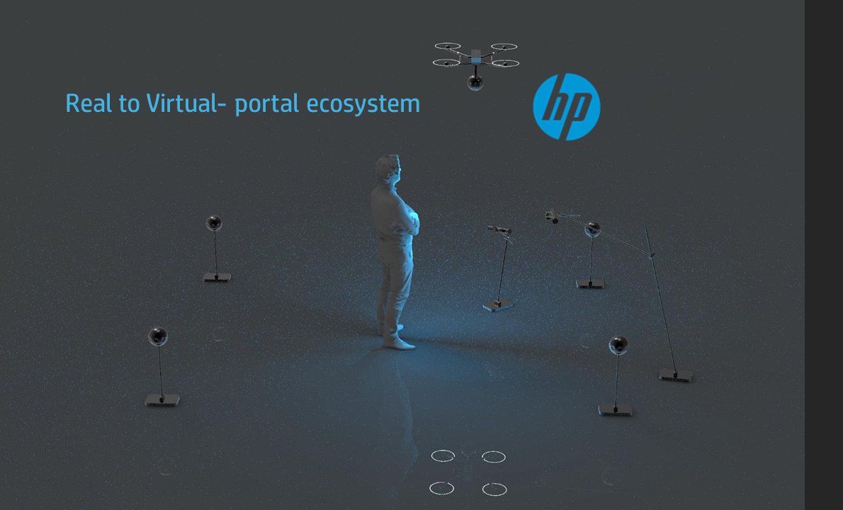 The portal ecosystem — scan rigs and a drone circling a standing figure