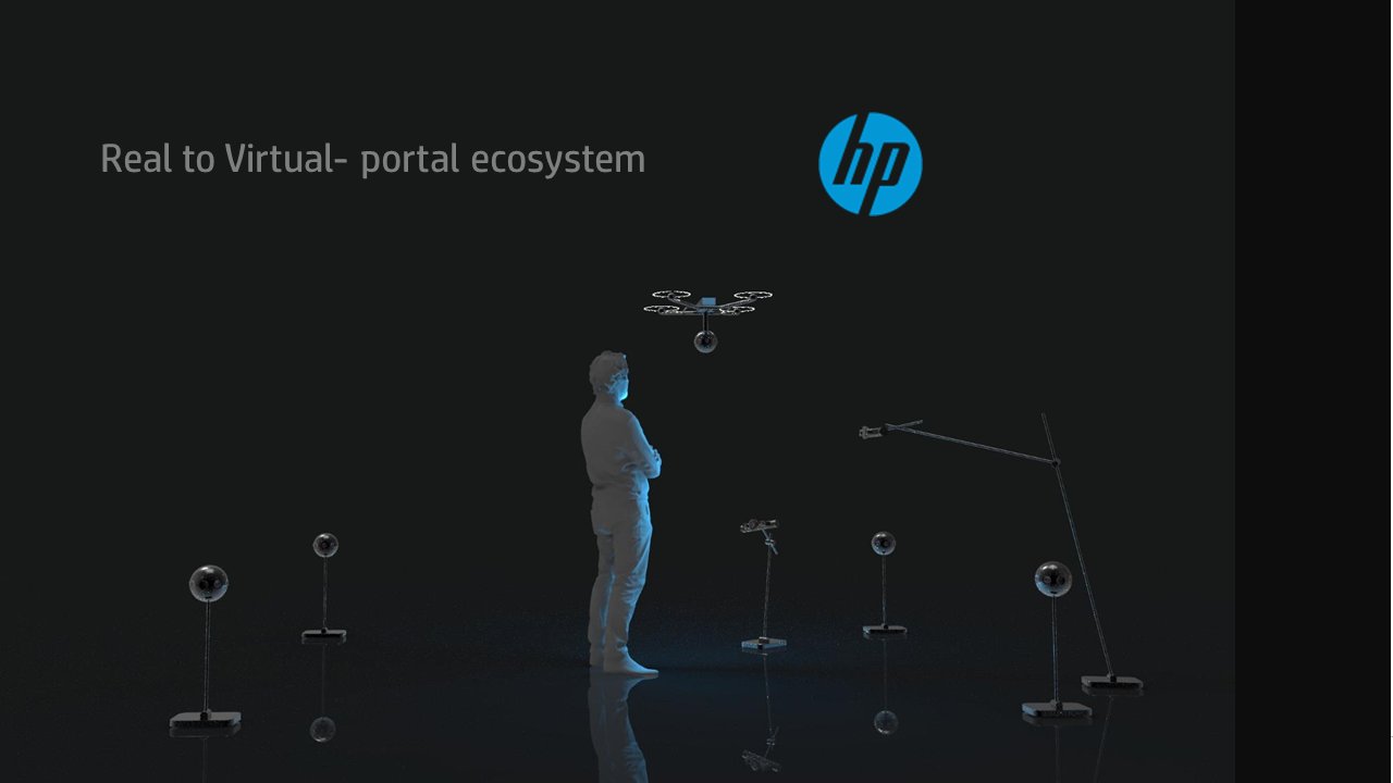 The portal ecosystem — floor stands and lamps arranged around a person
