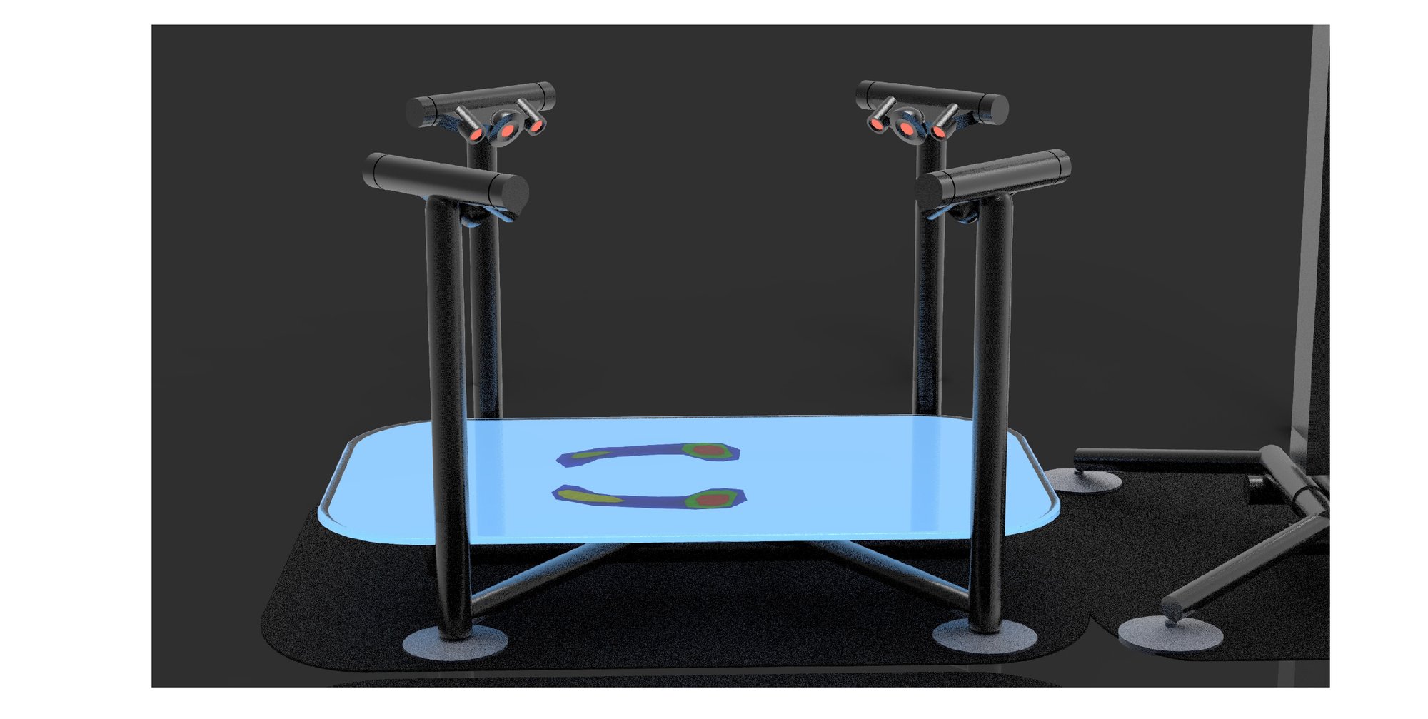 Concept 1 — the scan platform, a glowing glass plate under four camera heads