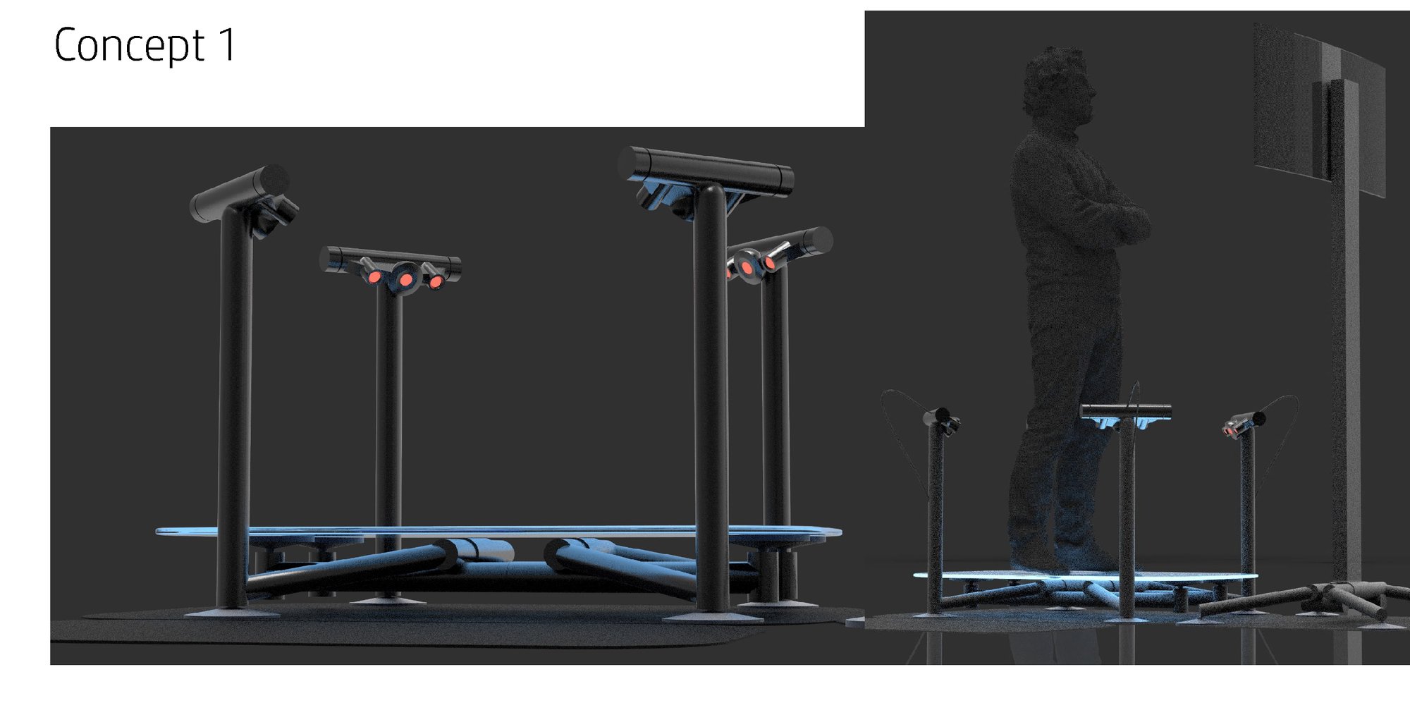 Concept 1 render — scan rigs beside a captured figure