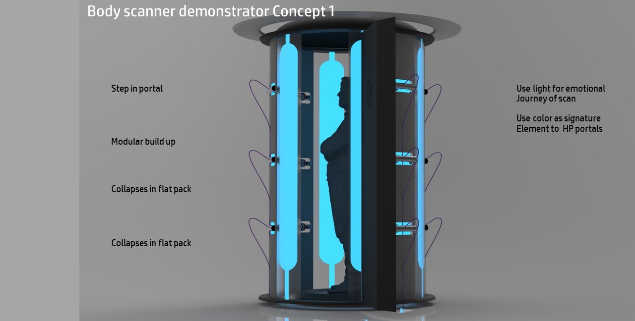 Body scanner demonstrator concept — a step-in portal tower with light columns
