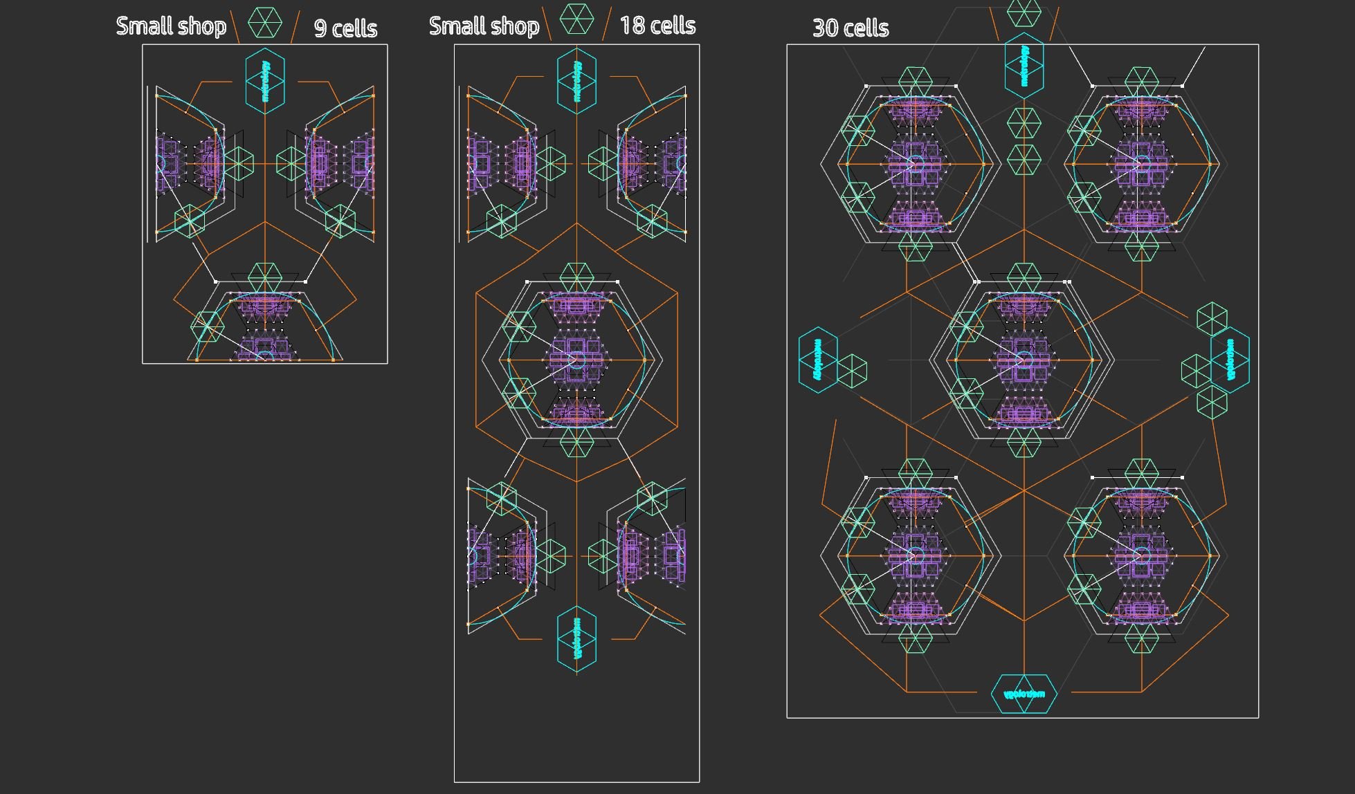 Small shop layouts — 9, 18 and 30 cell configurations