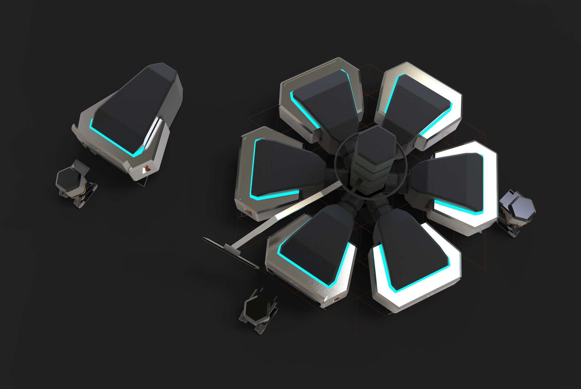 The hive — hexagonal print cells clustered like petals around a core