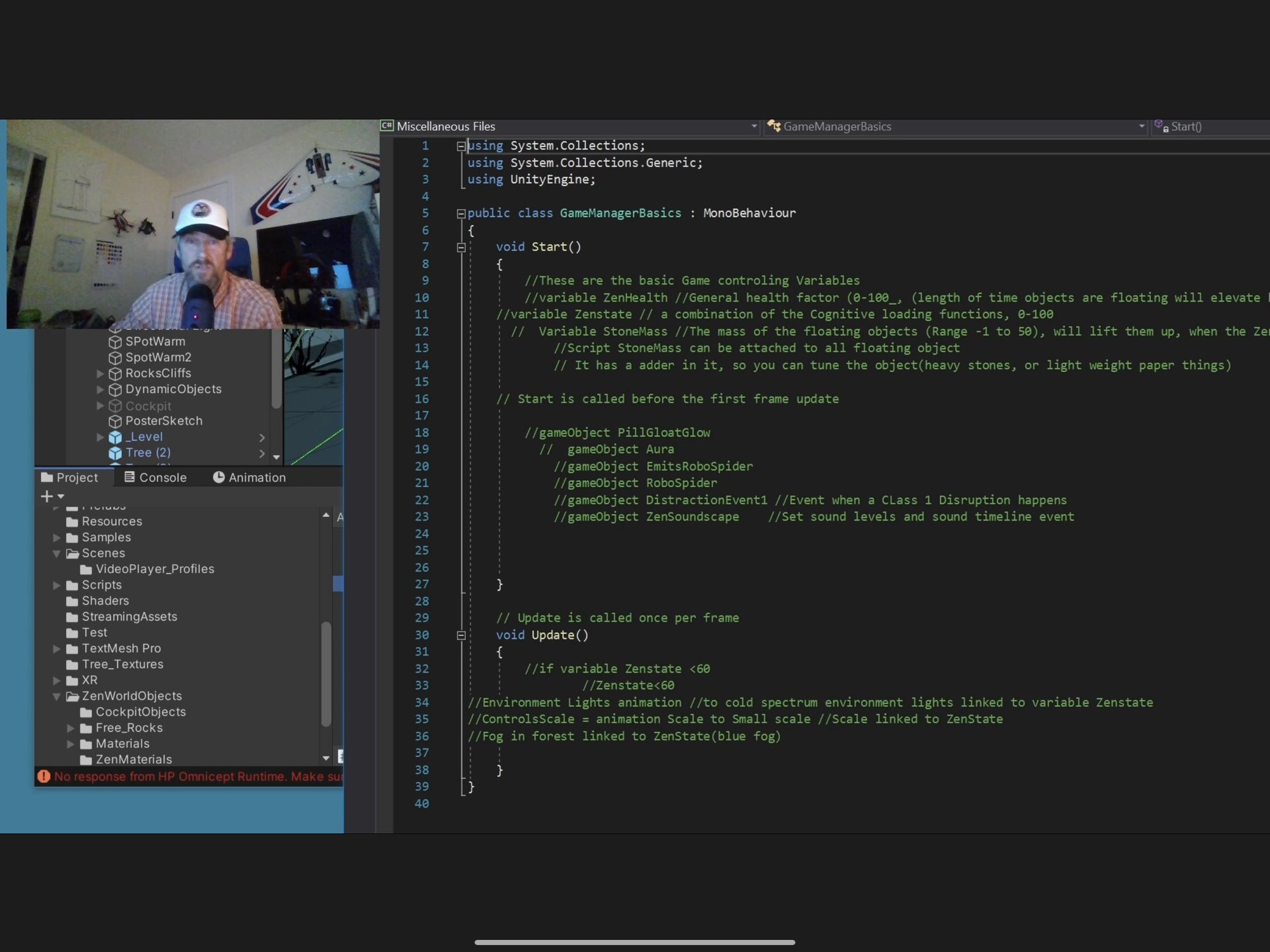 GameManager code — cognitive-load variables driving the world
