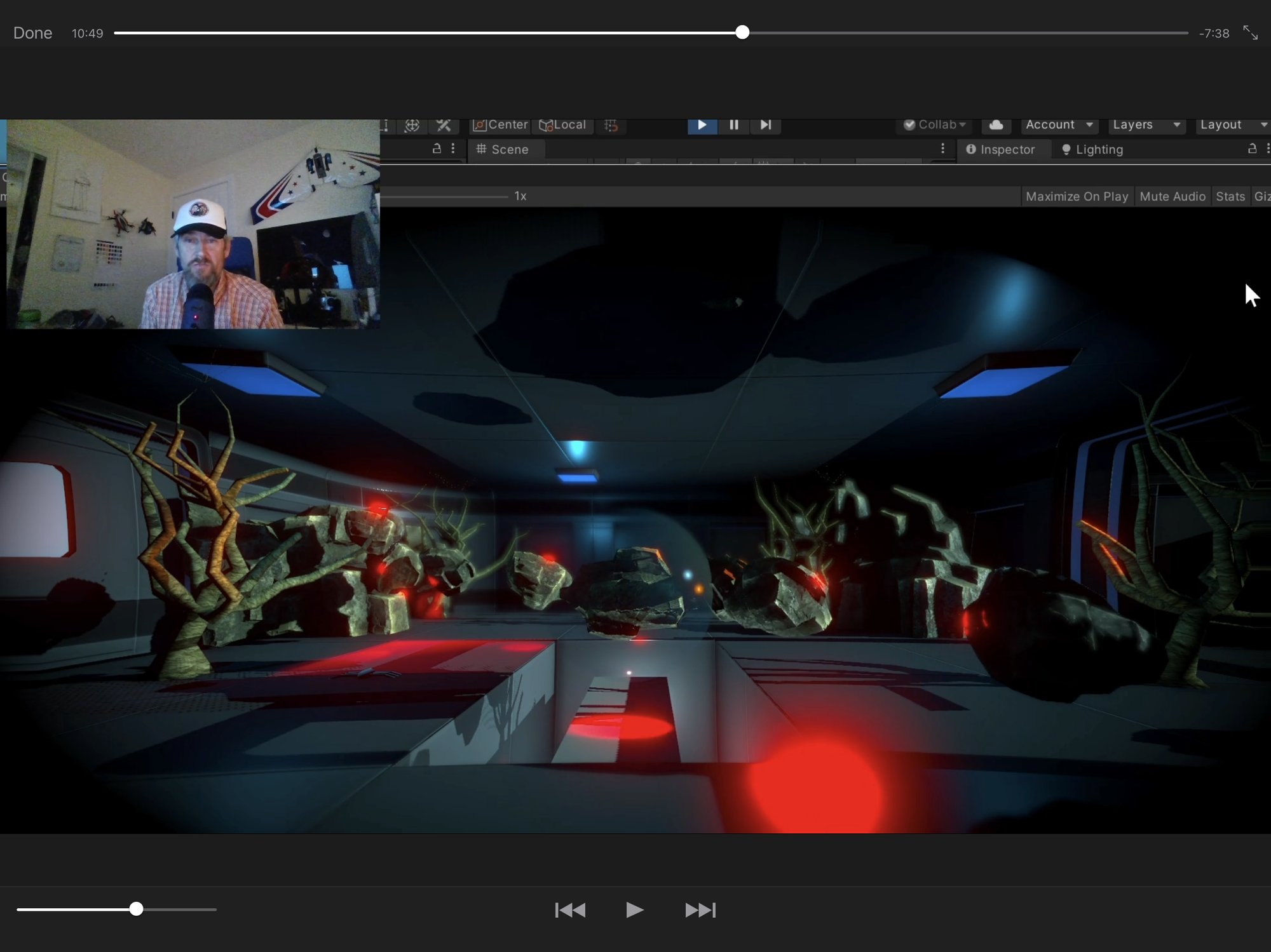 The disruption scene — dark room, red lights, spider robots