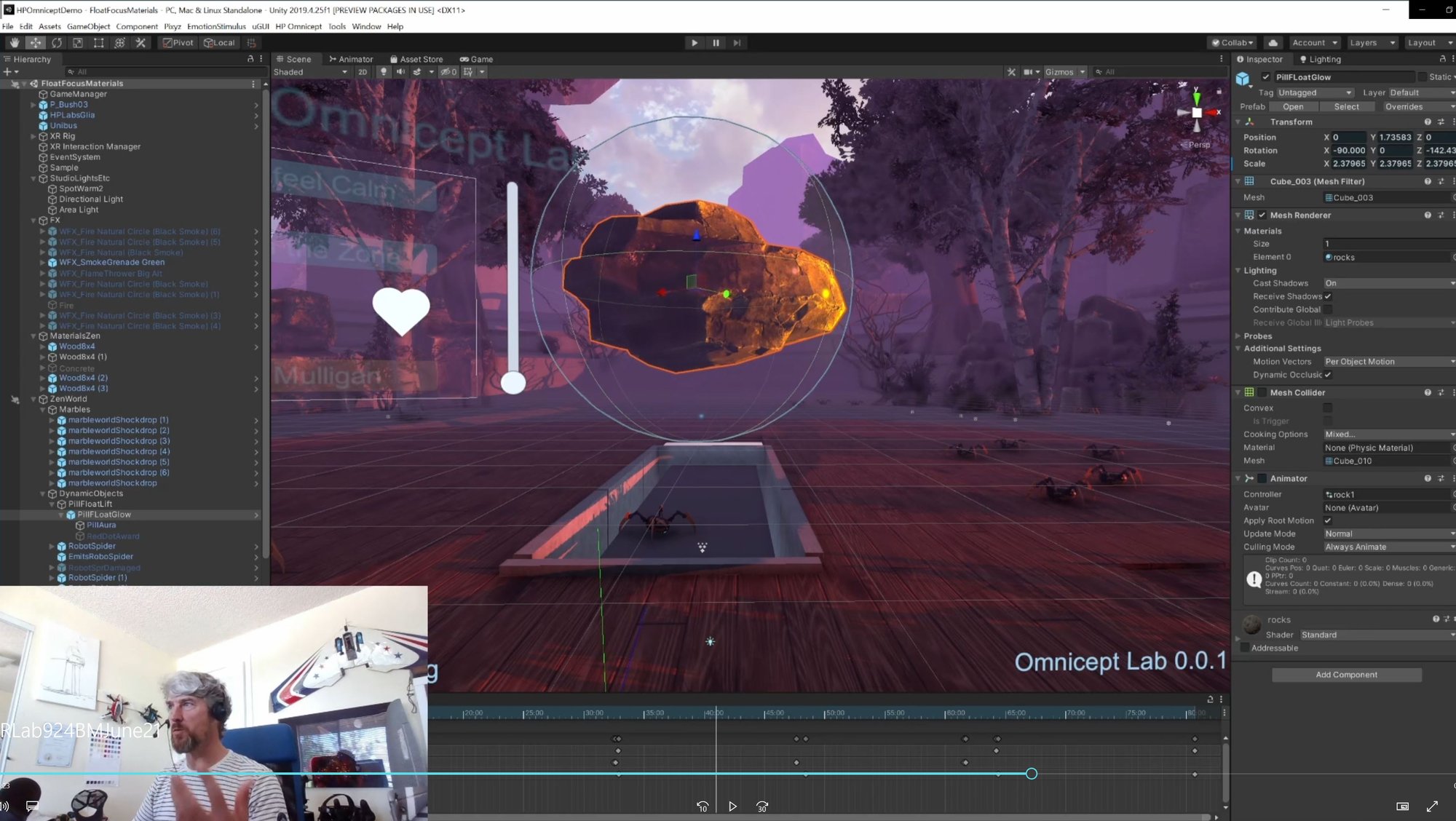 The Omnicept Lab scene in the Unity editor, builder in the webcam corner