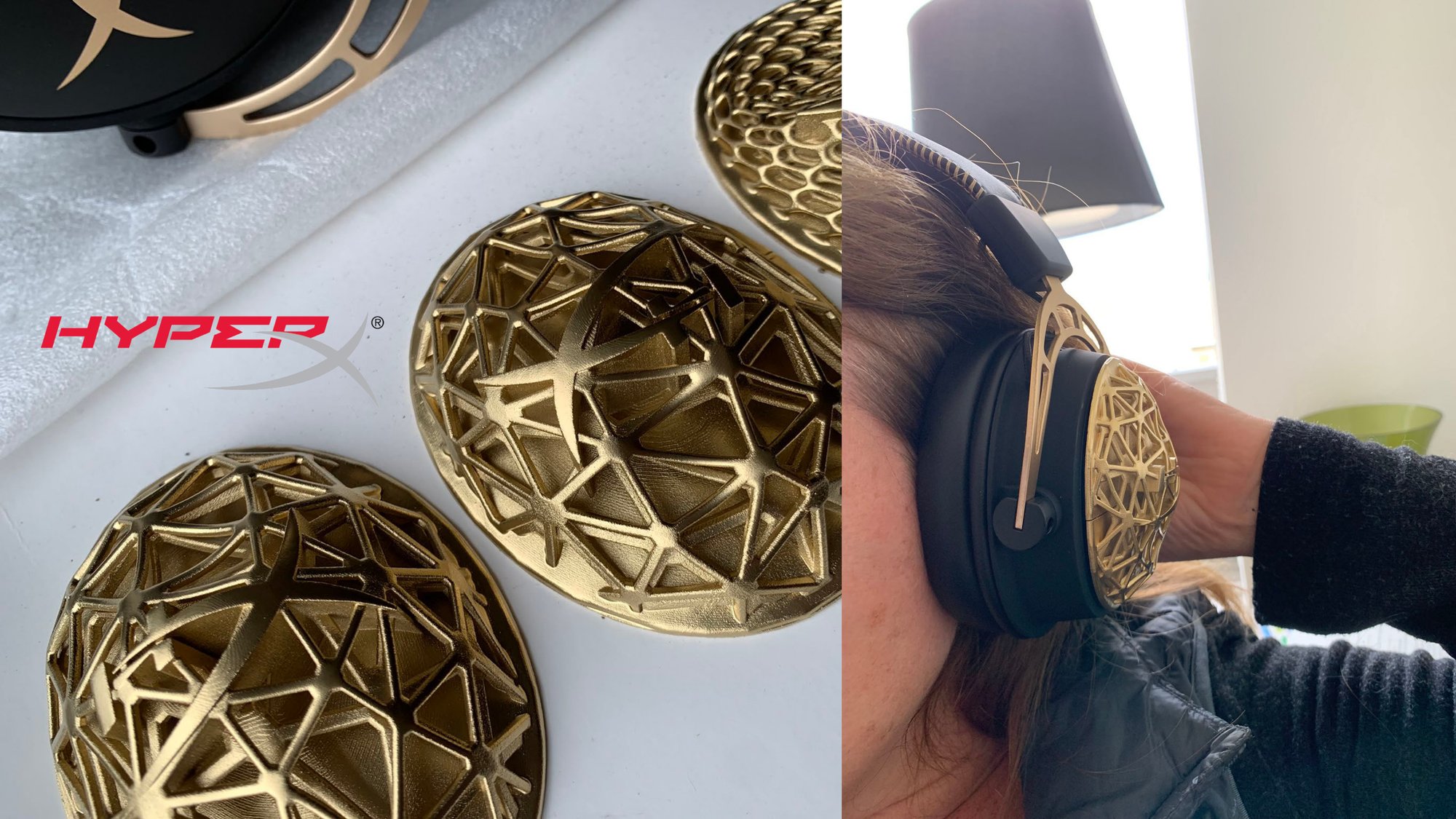 Gold 3D-printed lattice ear caps beside the headset being worn