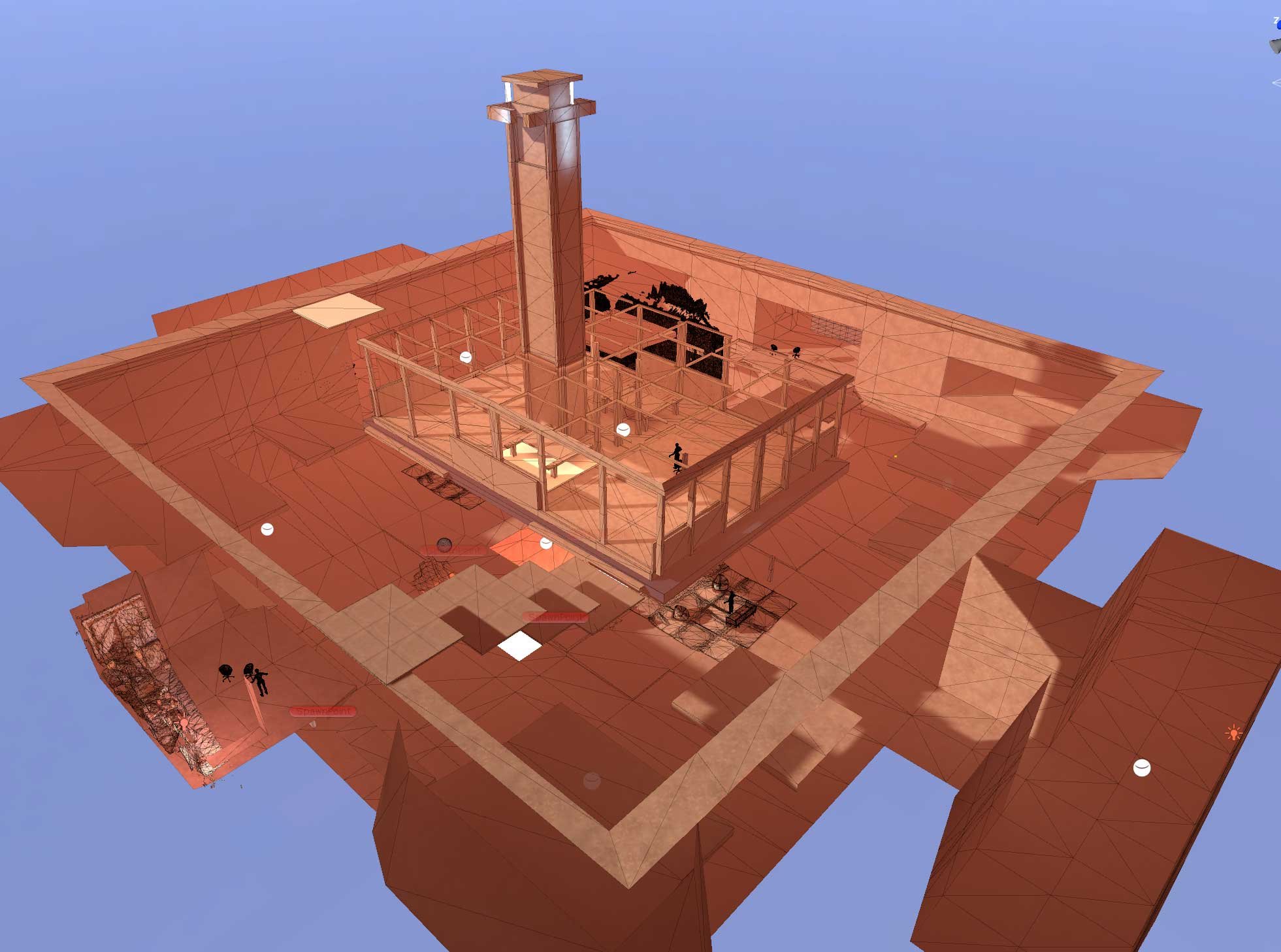 Isometric overview of the full pavilion model with central tower