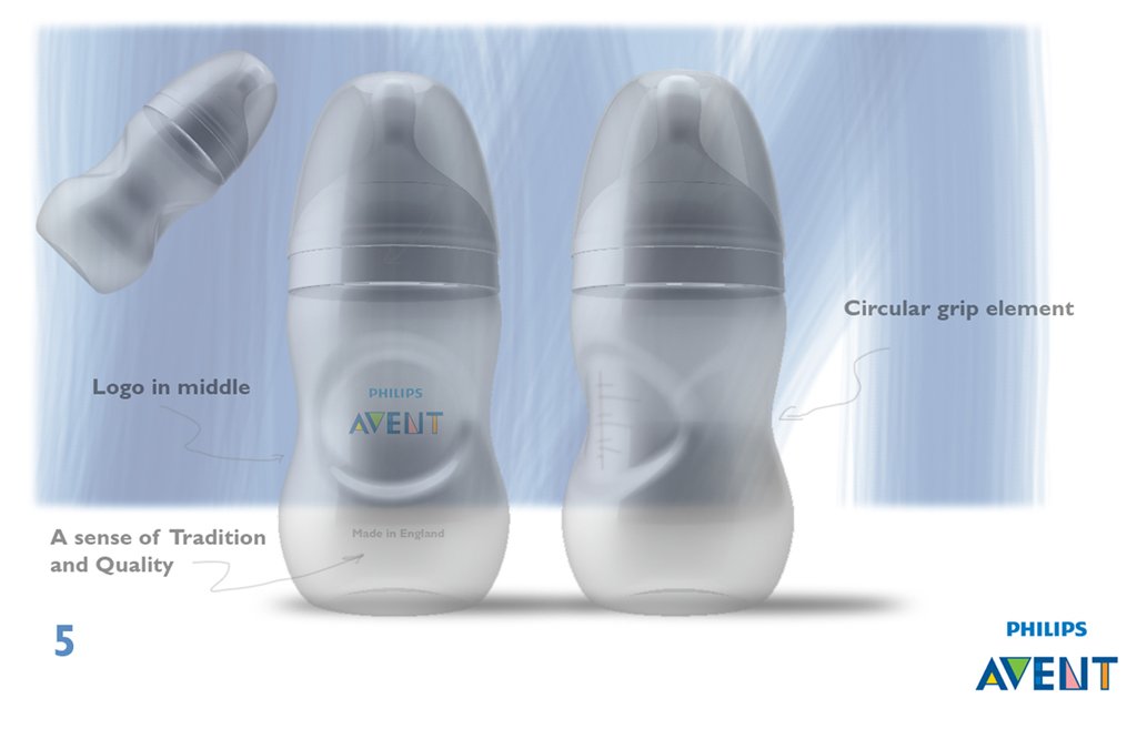 Avent bottle study — circular grip element, logo in the middle