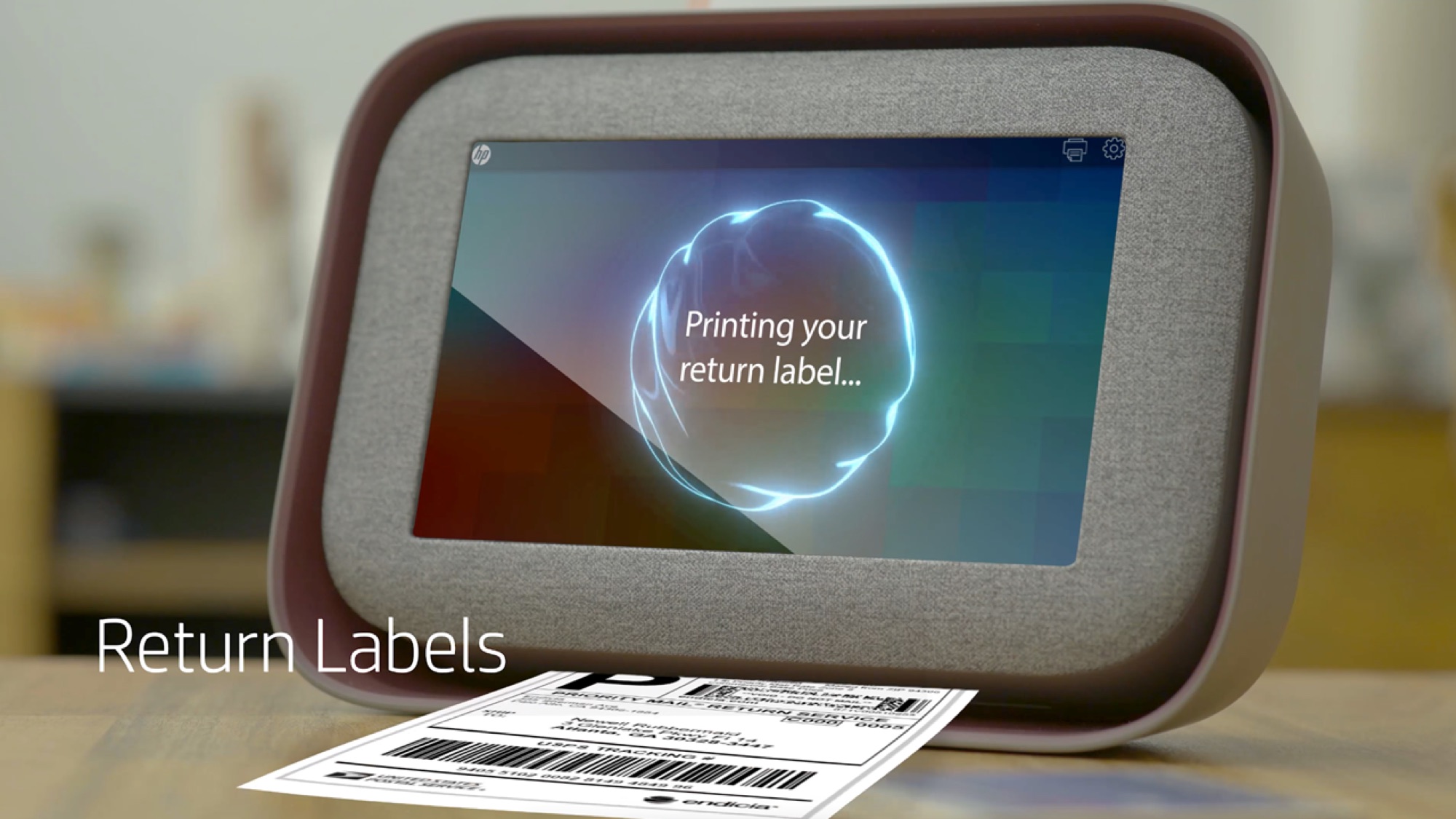 Fabric-clad printer with touchscreen printing a return label