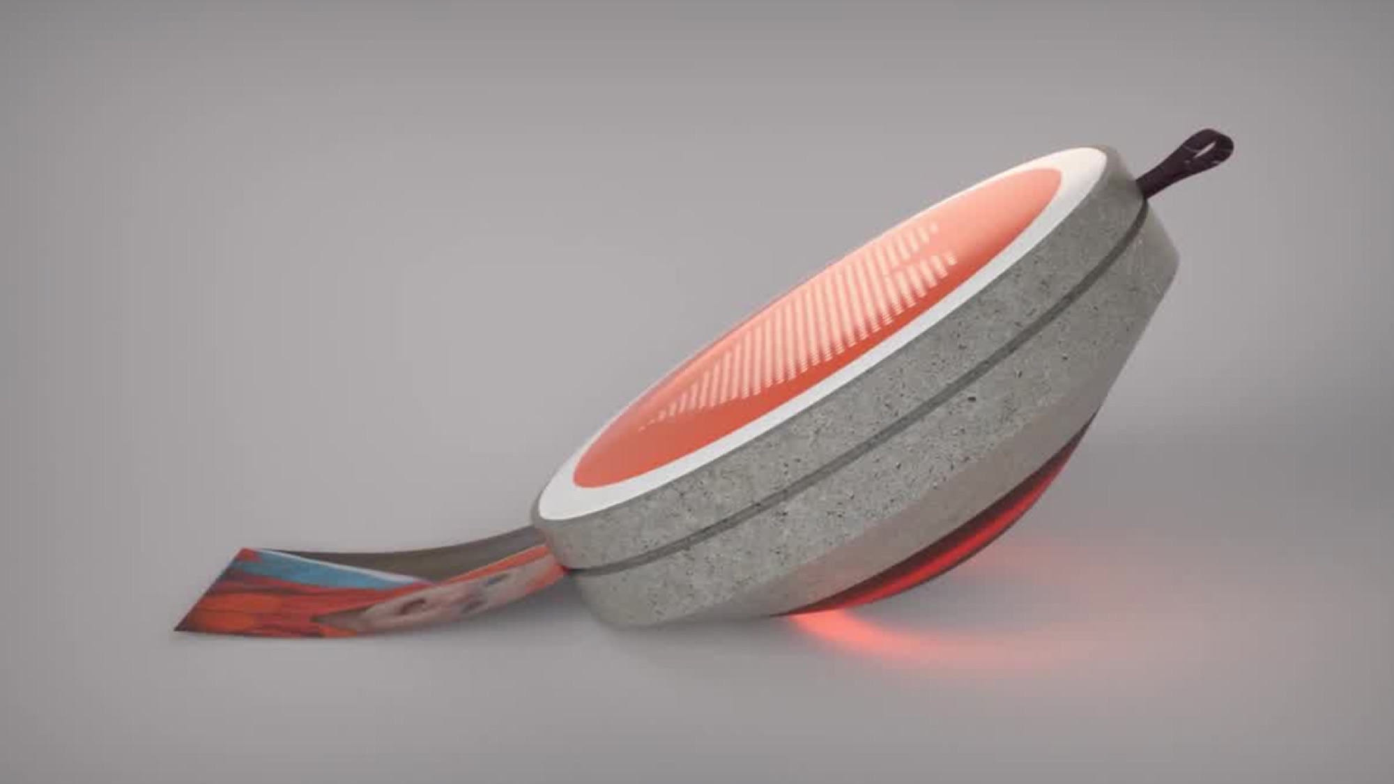Soft, pebble-form home printer with a warm glow, printing a photo