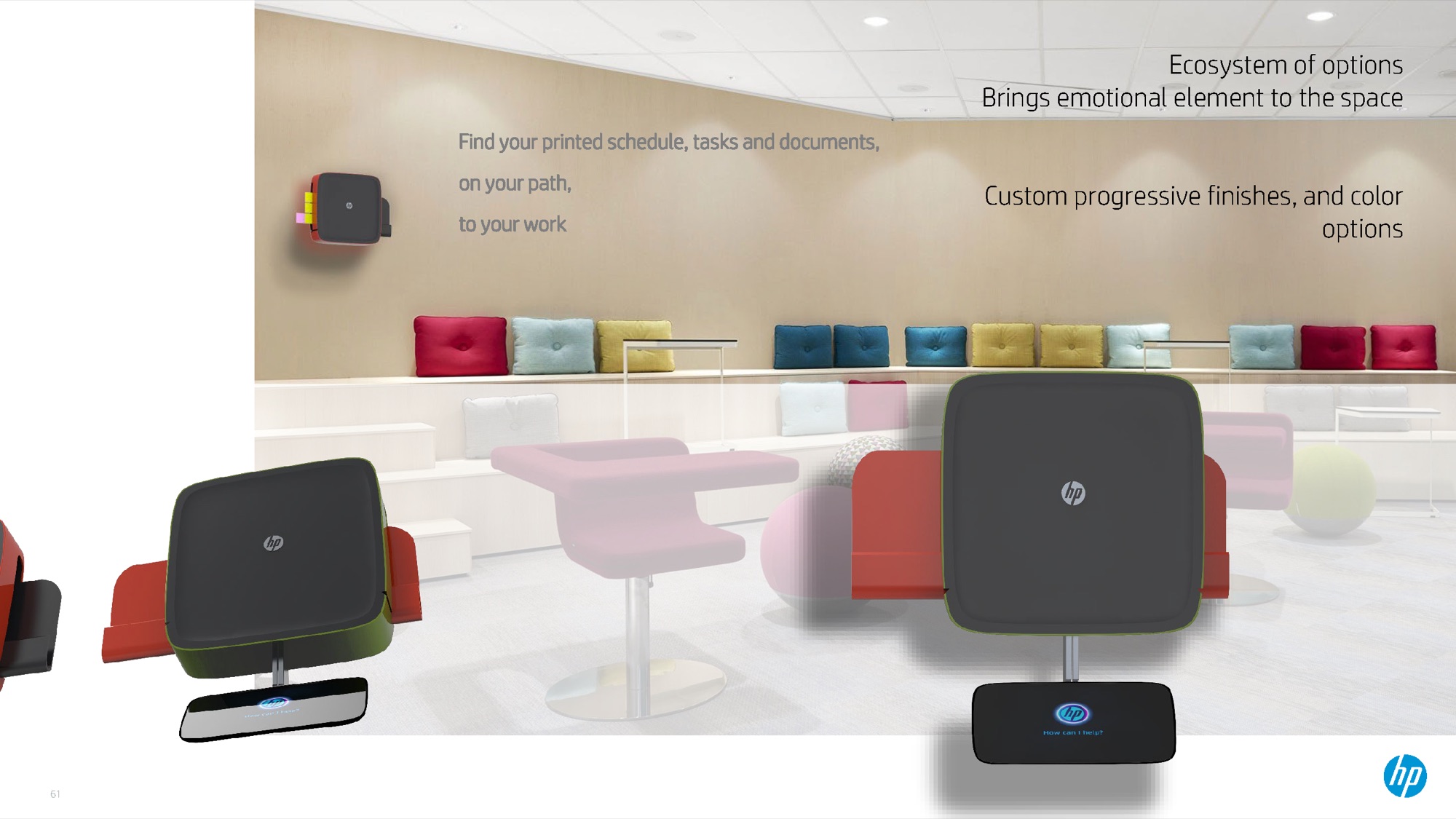Printer units in a colourful office lounge